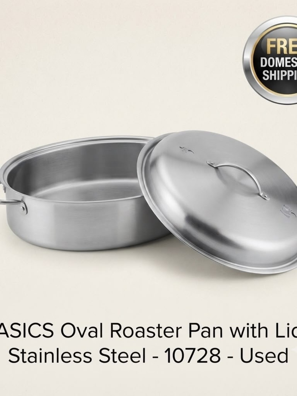 BASICS Oval Roaster Pan with Lid - Stainless Steel - 10728 - NO RACK - Used